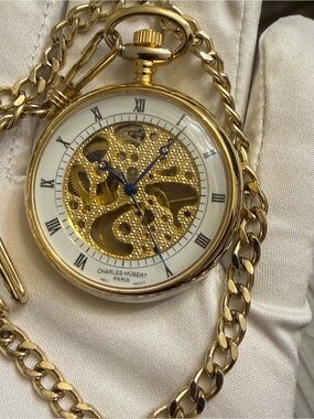 Charles-Hubert, Paris Gold-Plated Open Face Mechanical Pocket Watch 42mm